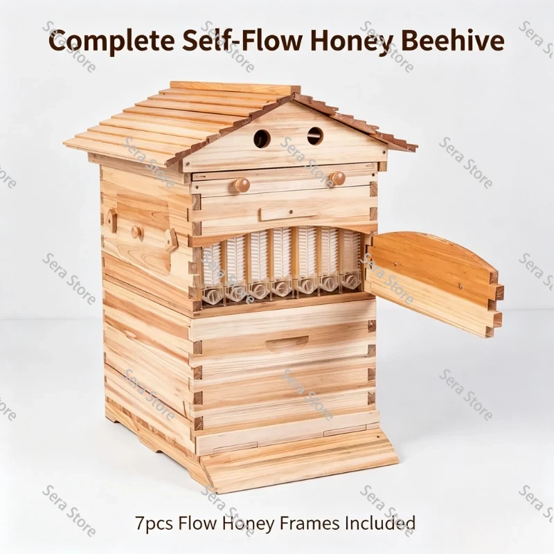 Beehive Frame Wax - 養蜂用具：蜜が自然に流れ出るように設計された、蜜蝋でコーティングされた杉材の巣箱。7つのプラスチック製の流し枠付き。
